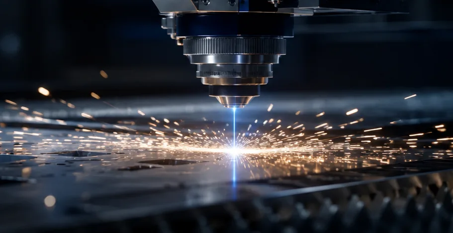 Laseranlage schneidet ein Metallblech mit sichtbarem Funkenflug